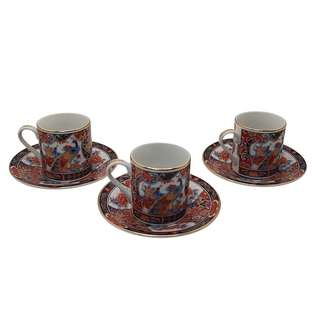 Vintage‎ Japanese Imari Arita Demitasse Cups Saucers Peacock Handmade Six Pieces